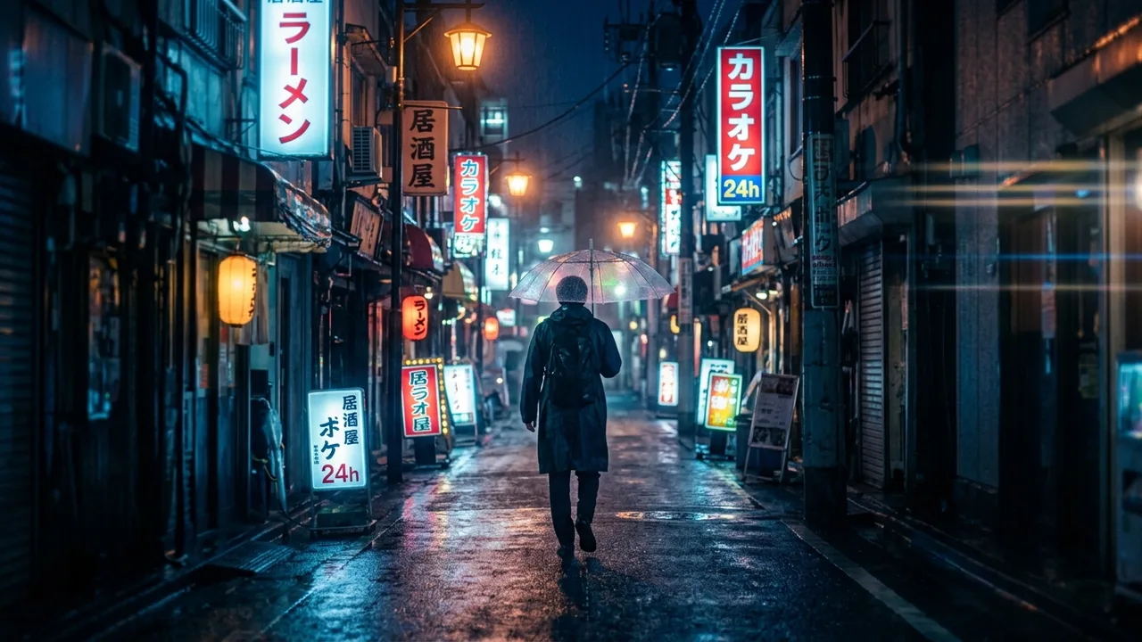 Cinematic midnight Tokyo side street with rain reflections, clear umbrella, and Arri Alexa anamorphic lens streaks